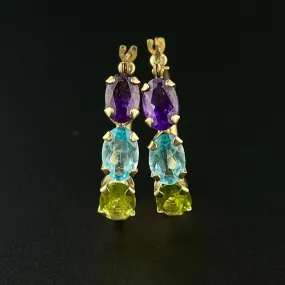 10K Gold Amethyst Peridot Blue Topaz Hoop Earrings