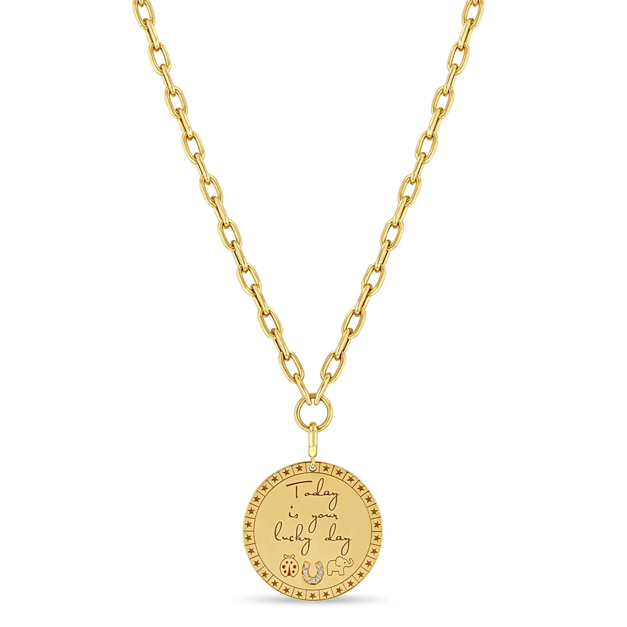 14k Large Today is your lucky day Mantra with Lucky Symbols Necklace