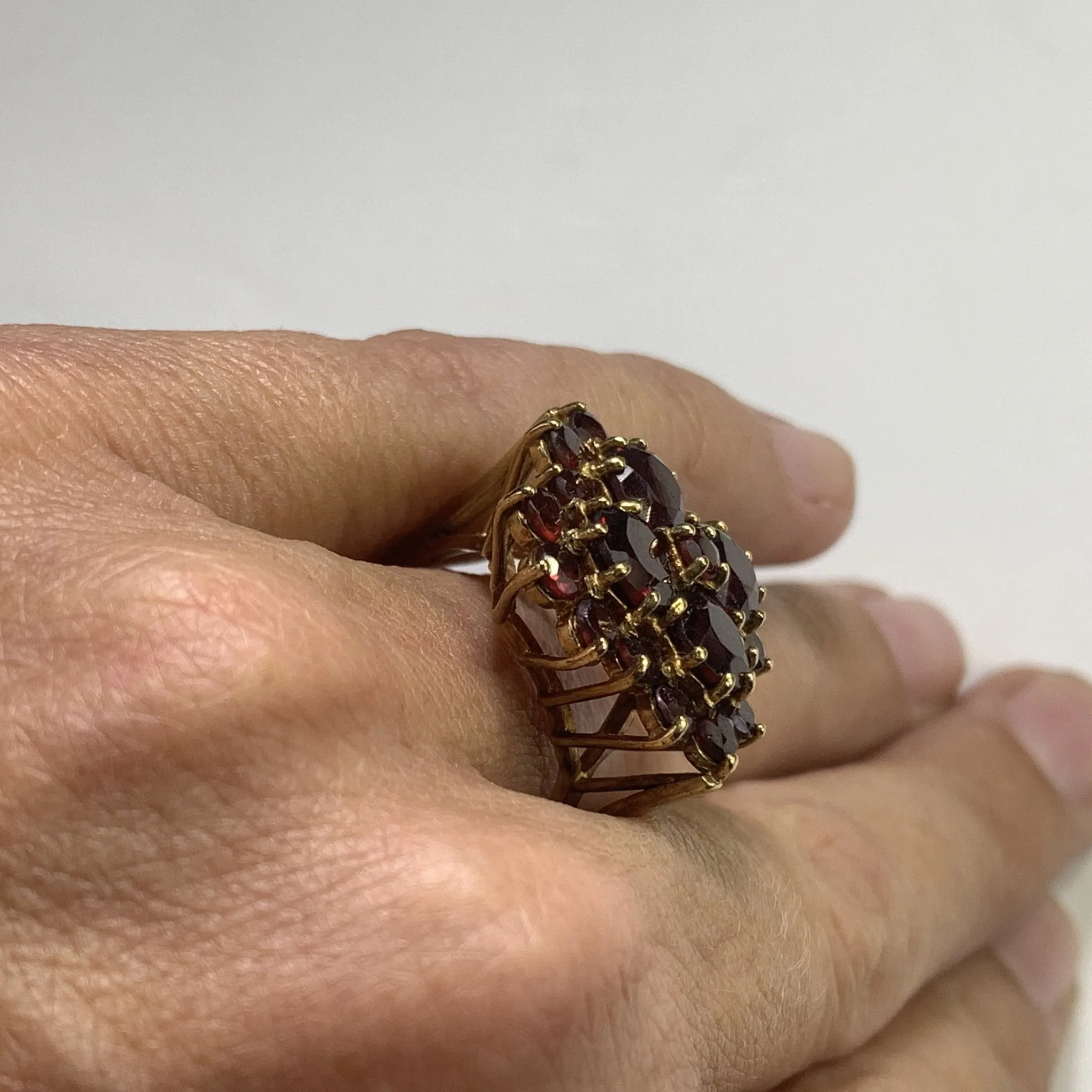 1970s Bohemian Garnet Cluster Ring in Yellow Gold. Statement Cocktail Right Hand Ring.