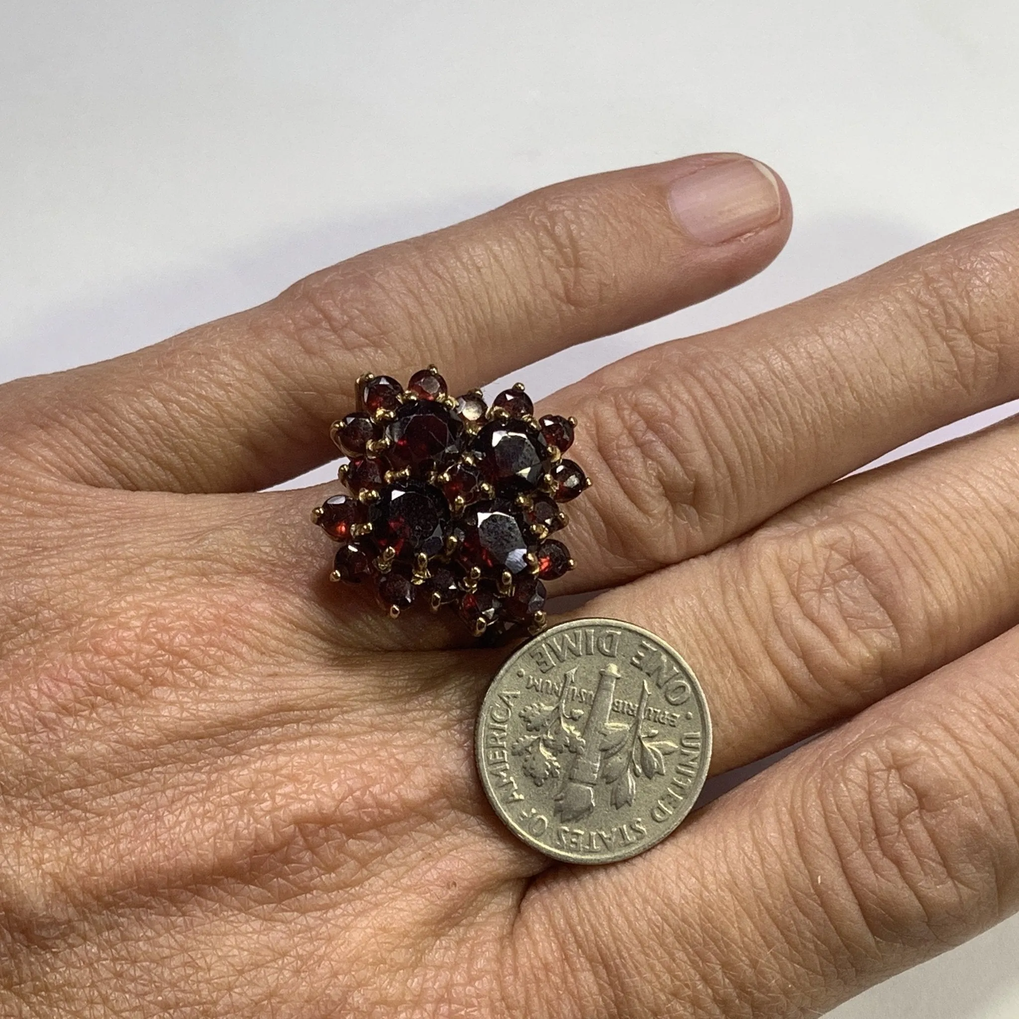 1970s Bohemian Garnet Cluster Ring in Yellow Gold. Statement Cocktail Right Hand Ring.