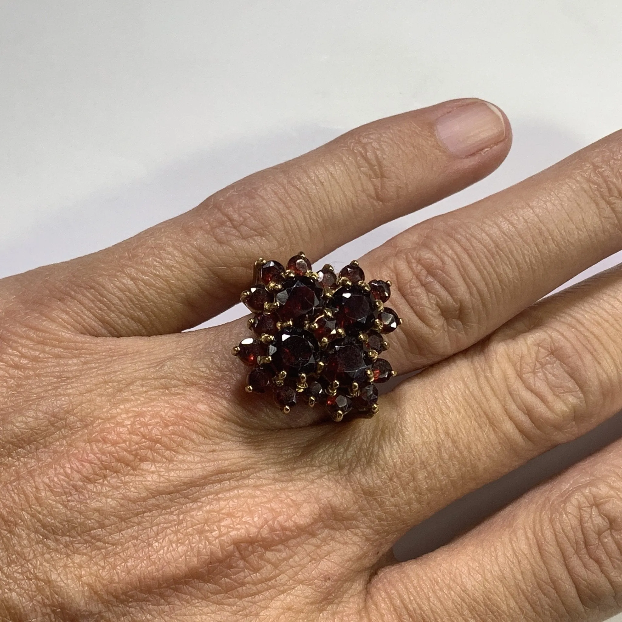 1970s Bohemian Garnet Cluster Ring in Yellow Gold. Statement Cocktail Right Hand Ring.