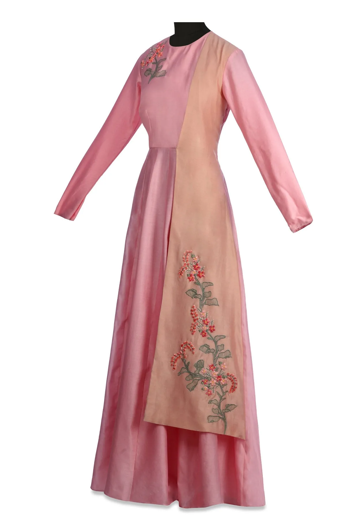 50Z166-RO Pink Embroidered Chanderi Anarkali with Peach Panel