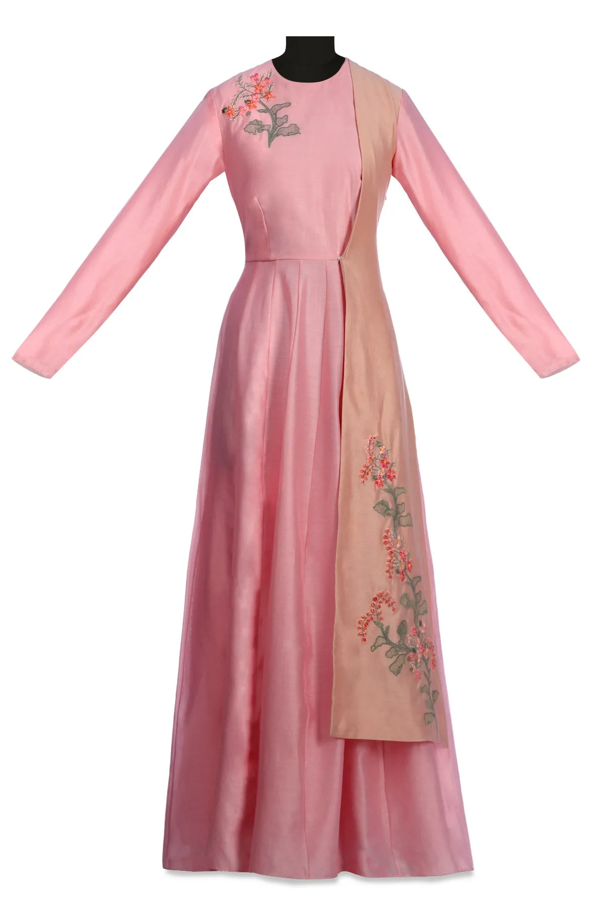 50Z166-RO Pink Embroidered Chanderi Anarkali with Peach Panel