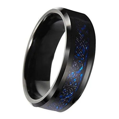 8mm Blue Black Celtic Dragon Tungsten Carbide Ring Wedding Band Size 6-13