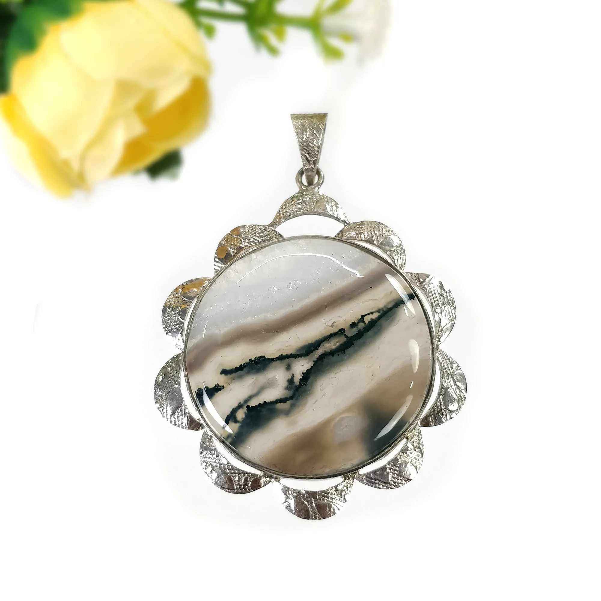 925 Sterling Silver PENDANT : 21.92gms Natural BOTSWANA AGATE Gemstone Round Shape Bezel Set Pendant 2.35"