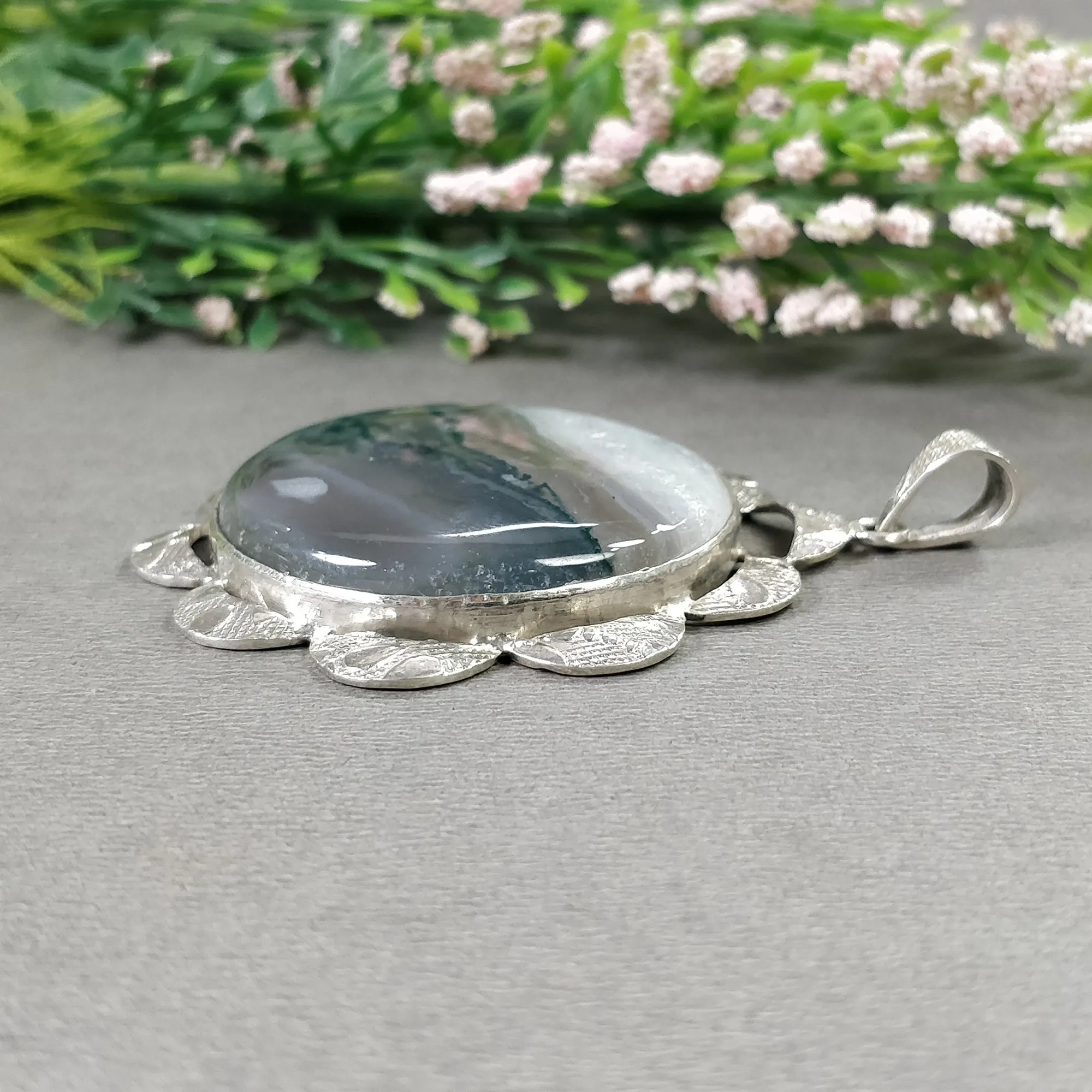 925 Sterling Silver PENDANT : 21.92gms Natural BOTSWANA AGATE Gemstone Round Shape Bezel Set Pendant 2.35"