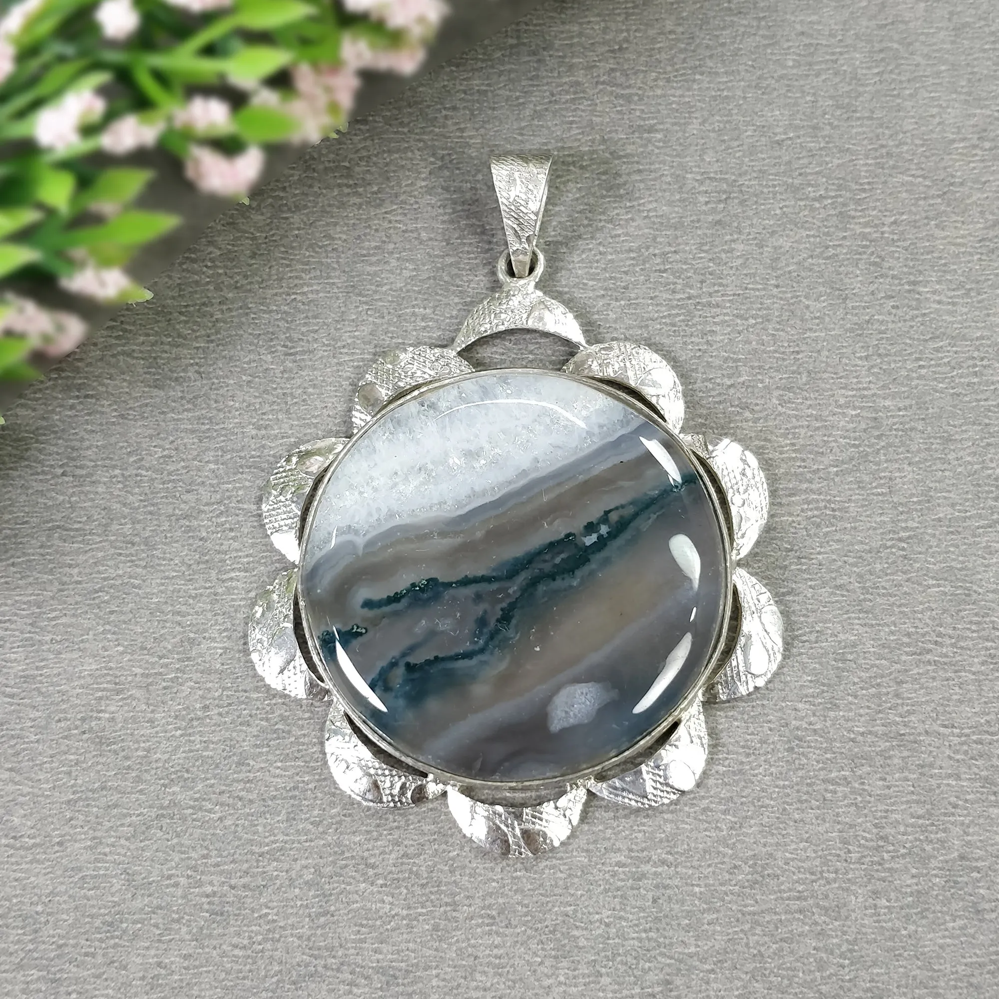 925 Sterling Silver PENDANT : 21.92gms Natural BOTSWANA AGATE Gemstone Round Shape Bezel Set Pendant 2.35"