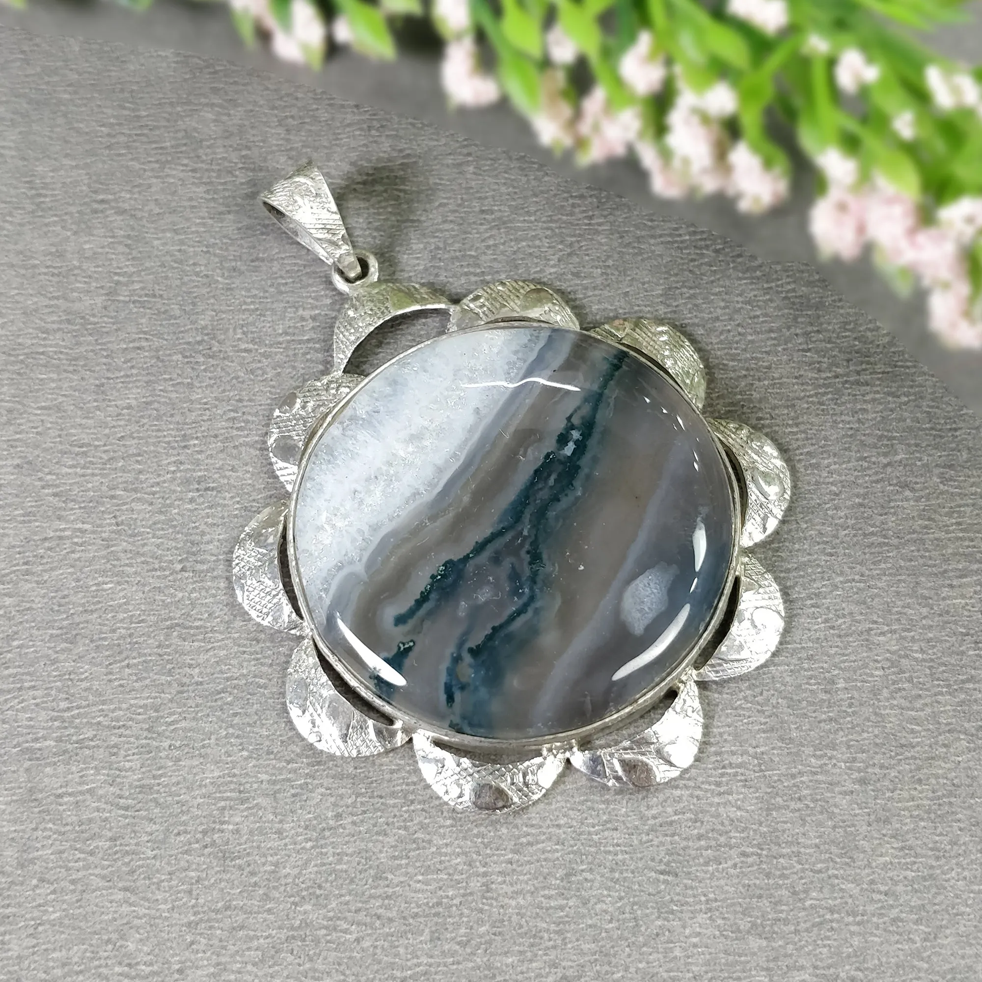 925 Sterling Silver PENDANT : 21.92gms Natural BOTSWANA AGATE Gemstone Round Shape Bezel Set Pendant 2.35"