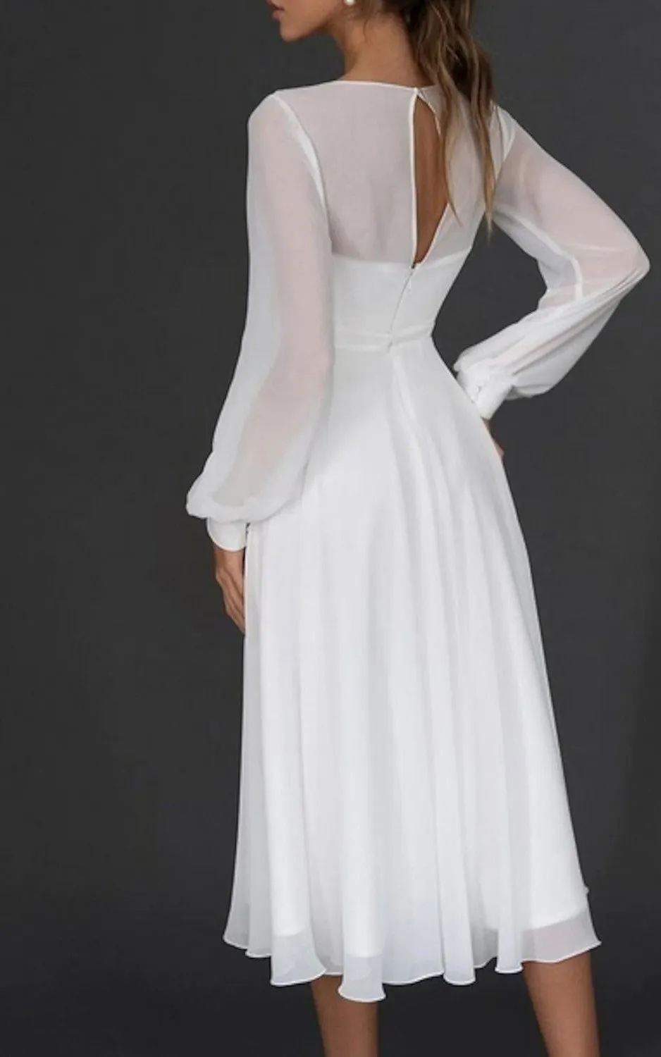 A-Line V-neck Chiffon Wedding Dress Simple Sexy Elegant Romantic Beach Summer With Keyhole Back And Poet Long Sleeves-716758