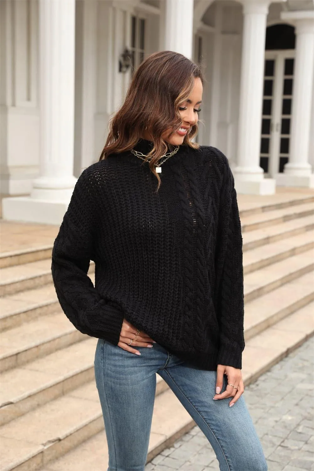 Angie Cable-Knit Turtle Neck Long Sleeve Sweater, 3 Colors