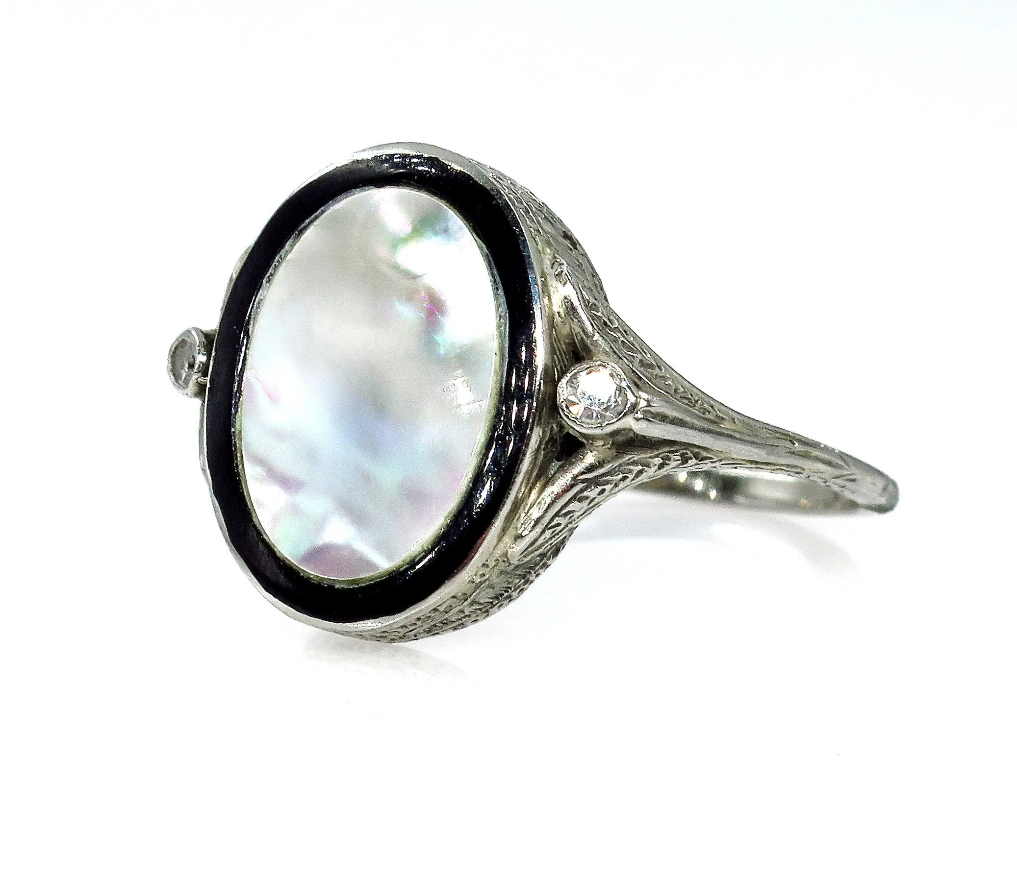 Antique Vintage Art Deco Mother of Pearl & Diamond Platinum Ring