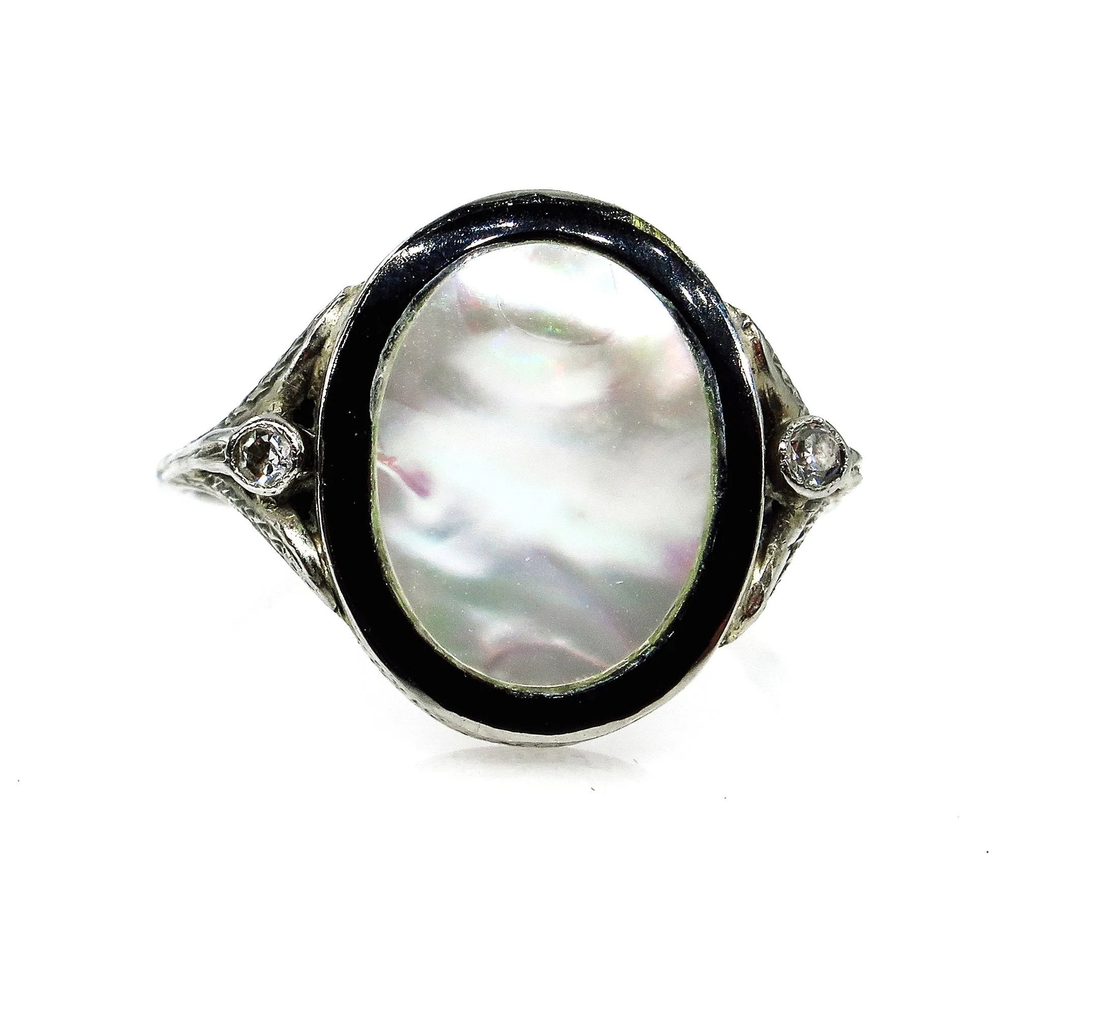 Antique Vintage Art Deco Mother of Pearl & Diamond Platinum Ring