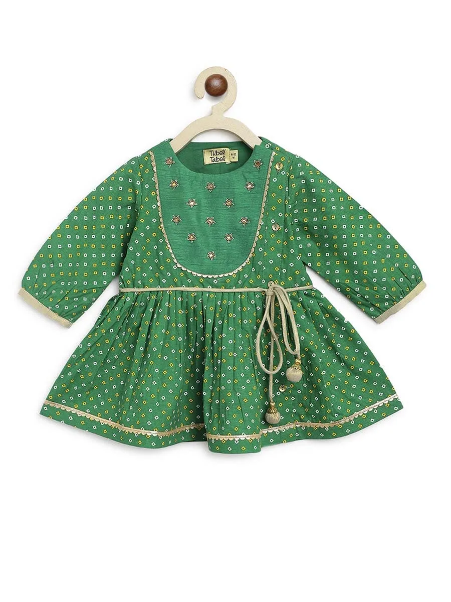 Baby Girl Bandhani Printed Angrakha Suit Set-Green