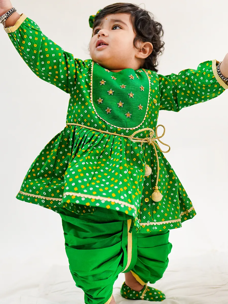 Baby Girl Bandhani Printed Angrakha Suit Set-Green