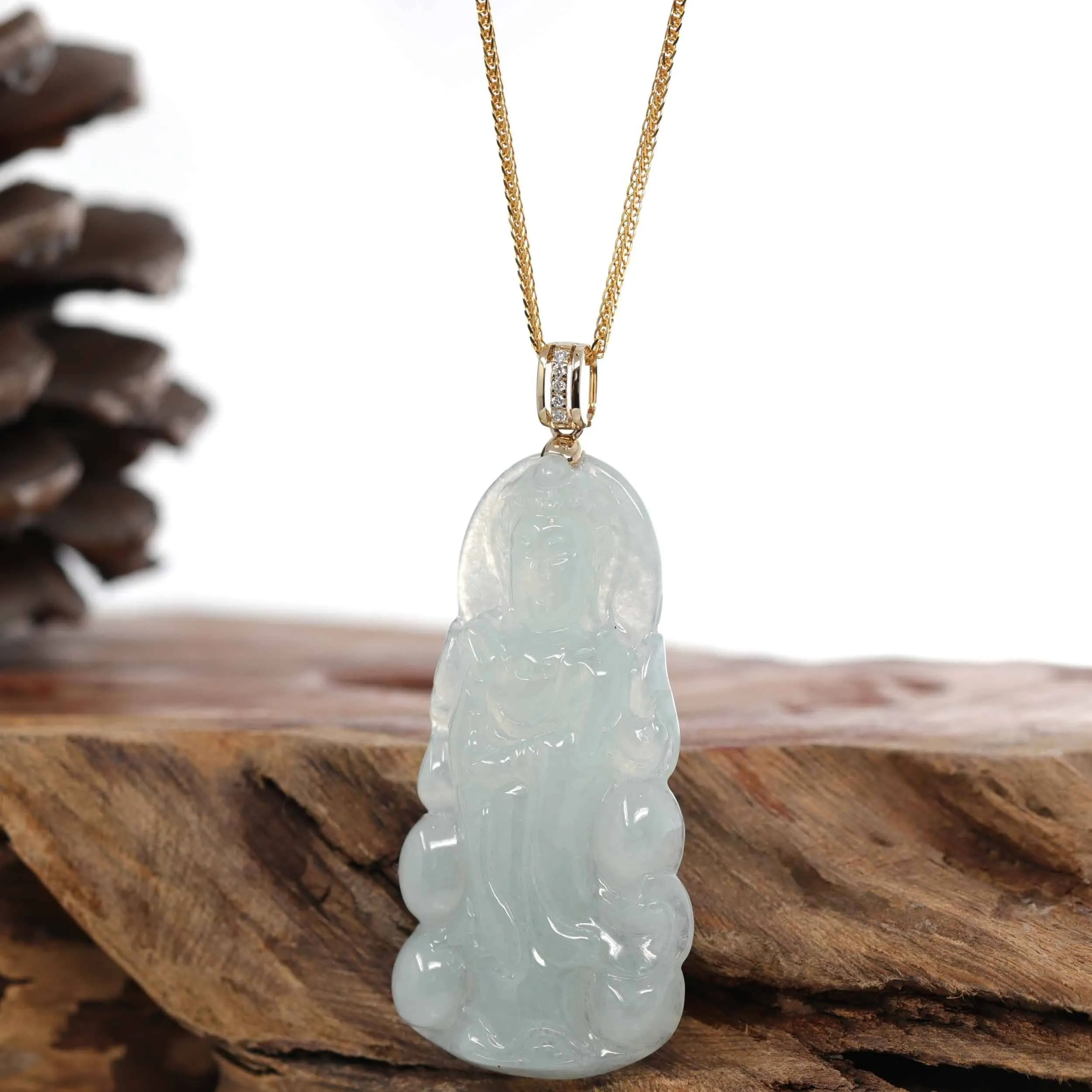 Baikalla 14k Yellow Gold "Goddess of Compassion" Genuine Ice Burmese Jadeite Jade Guanyin Necklace With Gold Diamond Bail