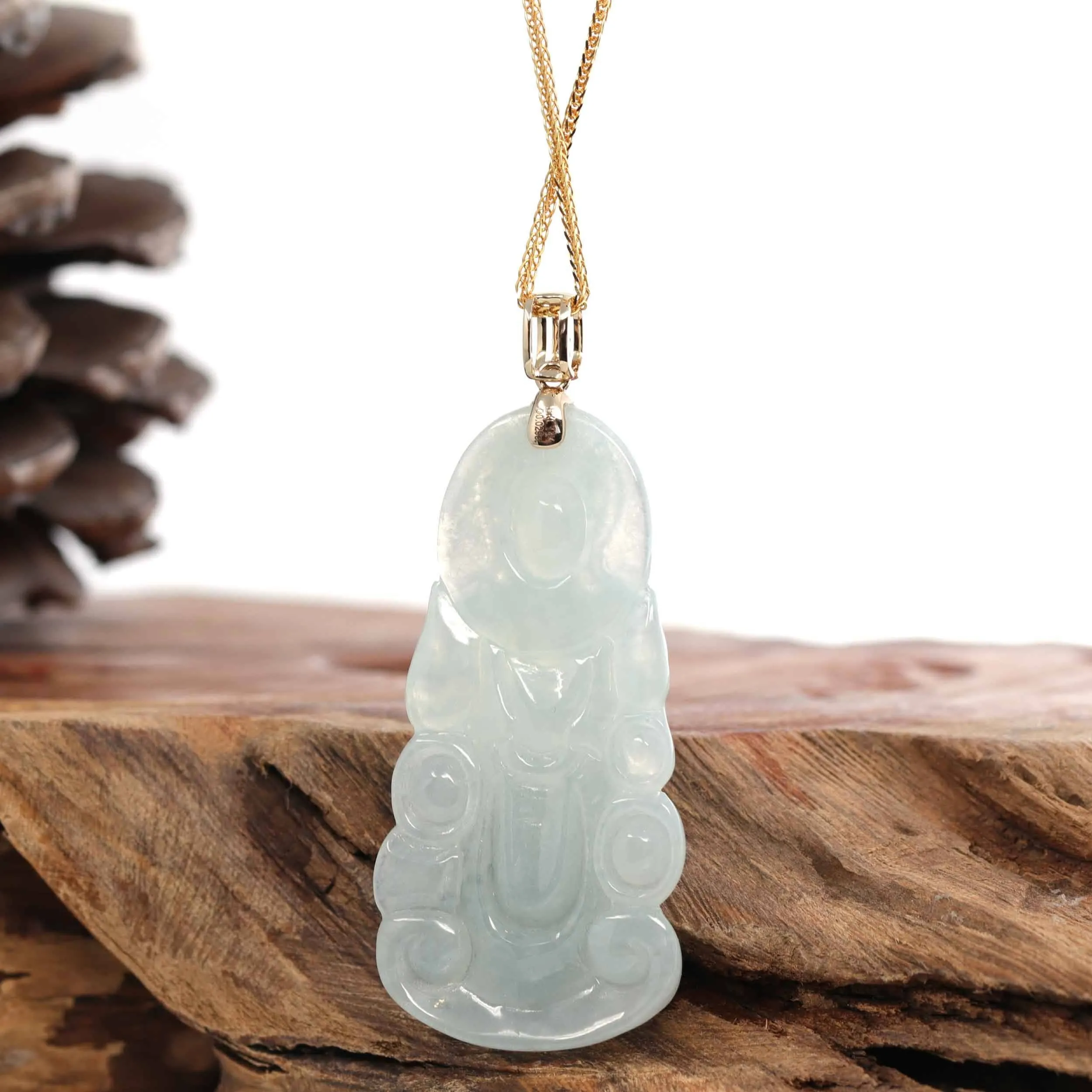 Baikalla 14k Yellow Gold "Goddess of Compassion" Genuine Ice Burmese Jadeite Jade Guanyin Necklace With Gold Diamond Bail