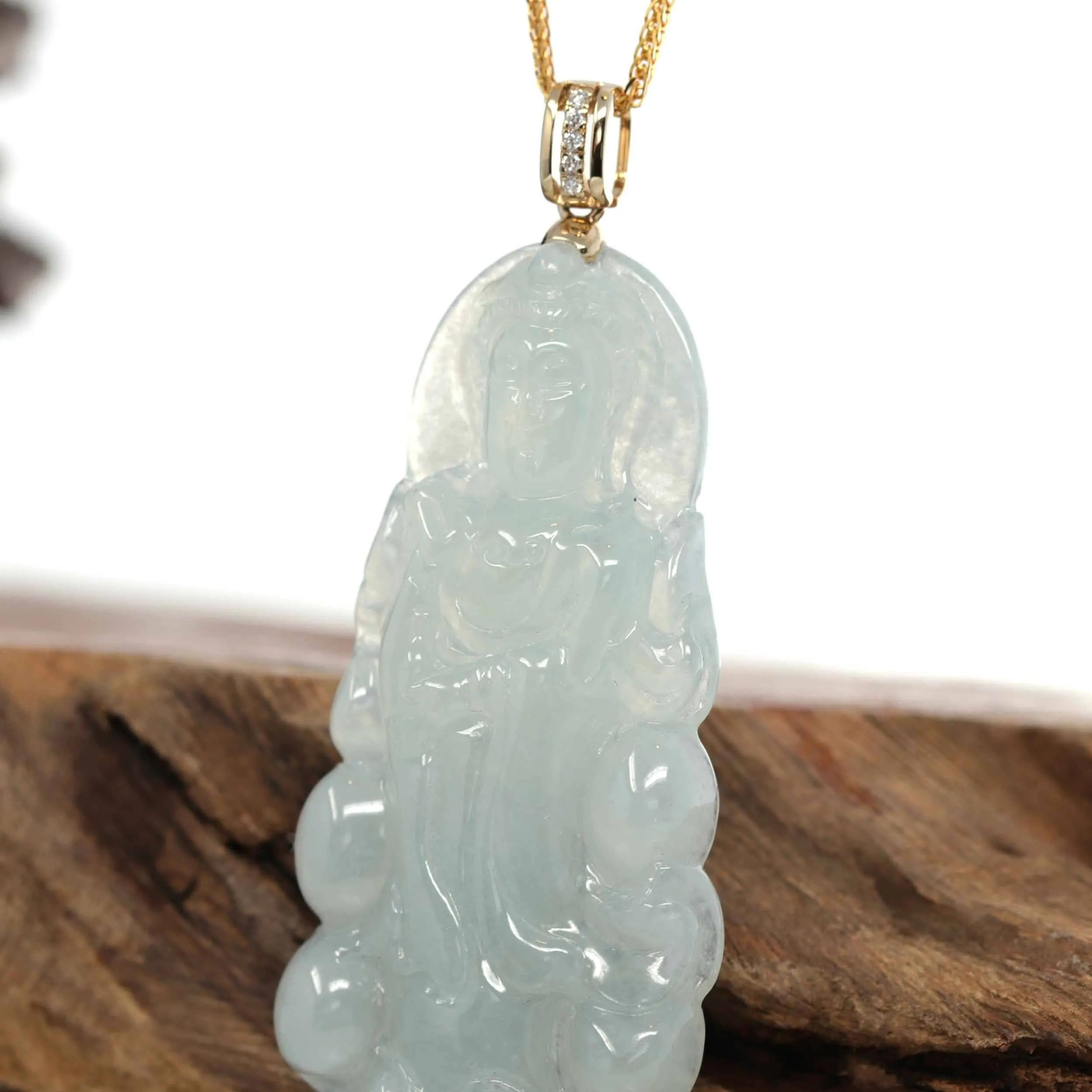 Baikalla 14k Yellow Gold "Goddess of Compassion" Genuine Ice Burmese Jadeite Jade Guanyin Necklace With Gold Diamond Bail