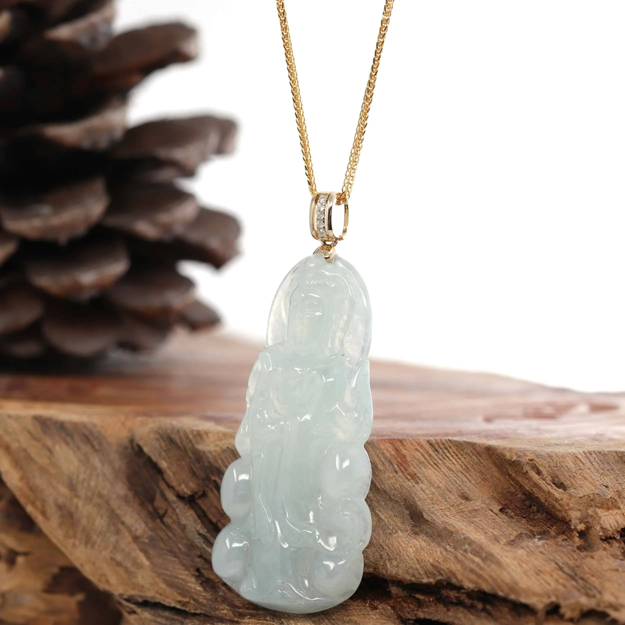 Baikalla 14k Yellow Gold "Goddess of Compassion" Genuine Ice Burmese Jadeite Jade Guanyin Necklace With Gold Diamond Bail