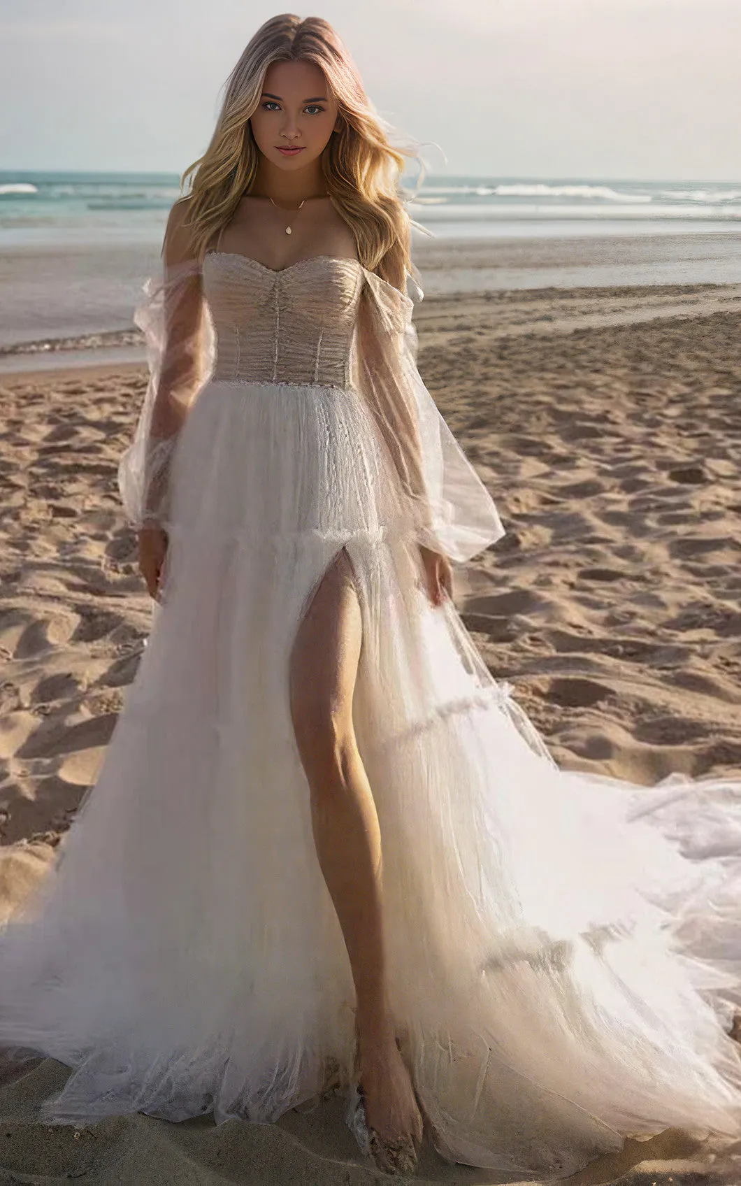 Beach Off-the-Shoulder A-Line Tulle Wedding Dress Sexy High Split Front Sweetheart Neckline Low Back Bridal Gown