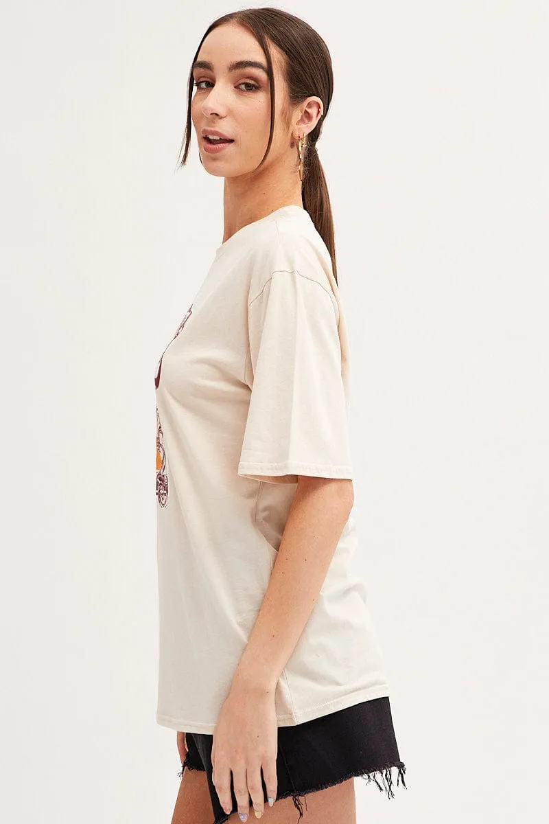 Beige Graphic T-Shirt Short Sleeve Oversized