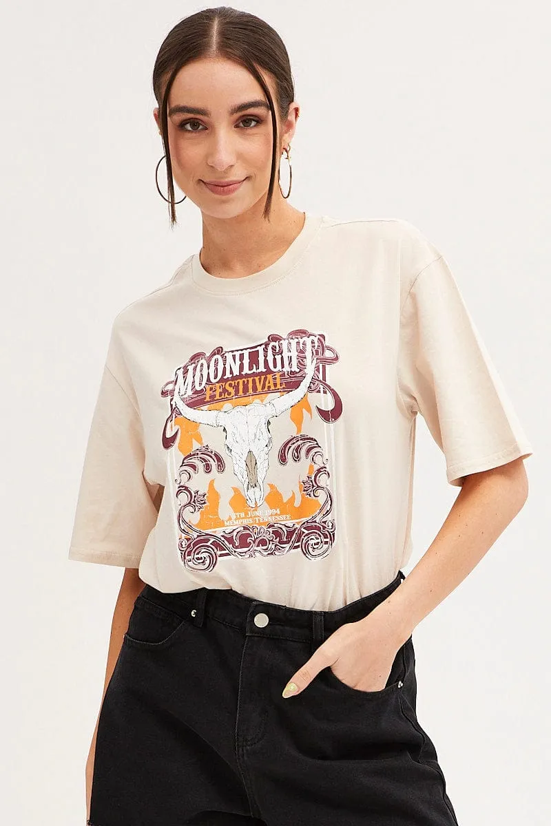 Beige Graphic T-Shirt Short Sleeve Oversized