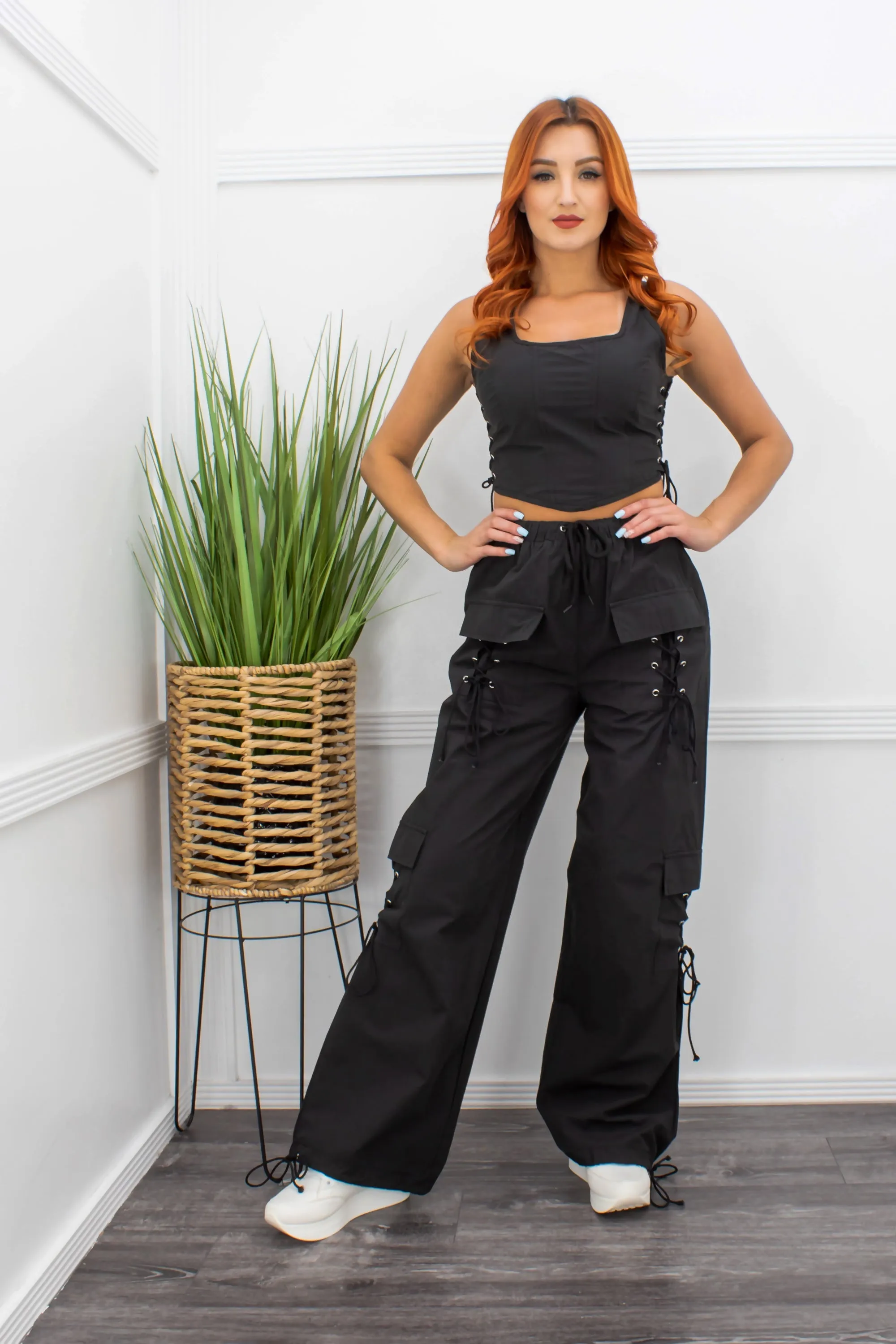 Black Sleeveless Crop Top Cargo Pant Set