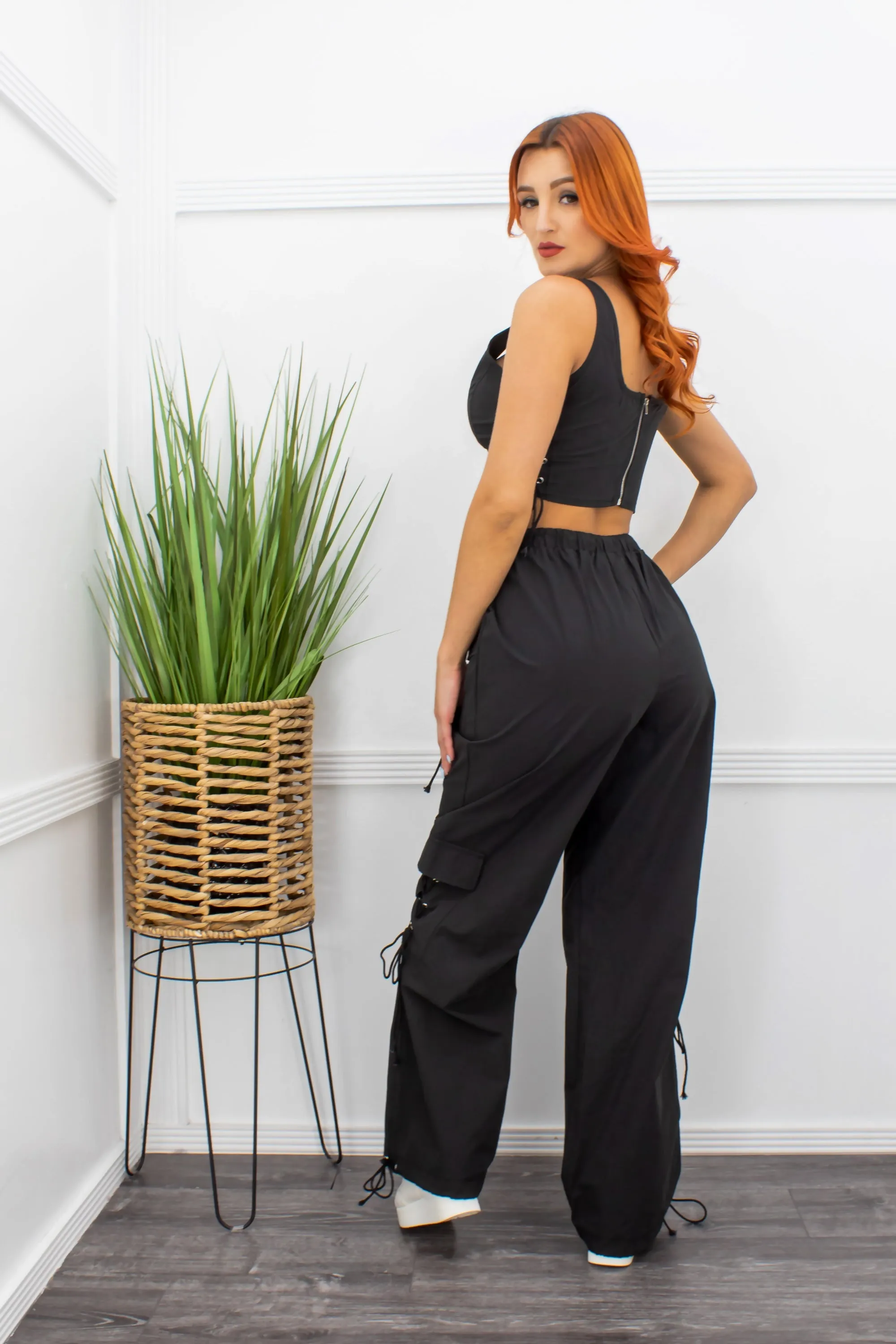 Black Sleeveless Crop Top Cargo Pant Set