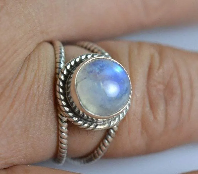 Blue Fire Natural Rainbow Moonstone Ring-Handmade Silver Ring-925 Sterling Silver-Gift for her-Promise Ring-Anniversary Ring