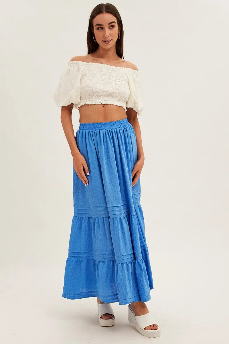 Blue Pleated Tiered Elastic Waist Maxi Skirt