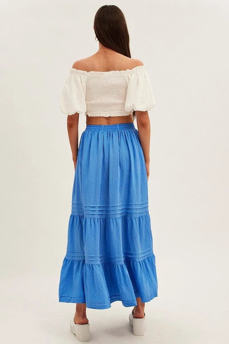 Blue Pleated Tiered Elastic Waist Maxi Skirt