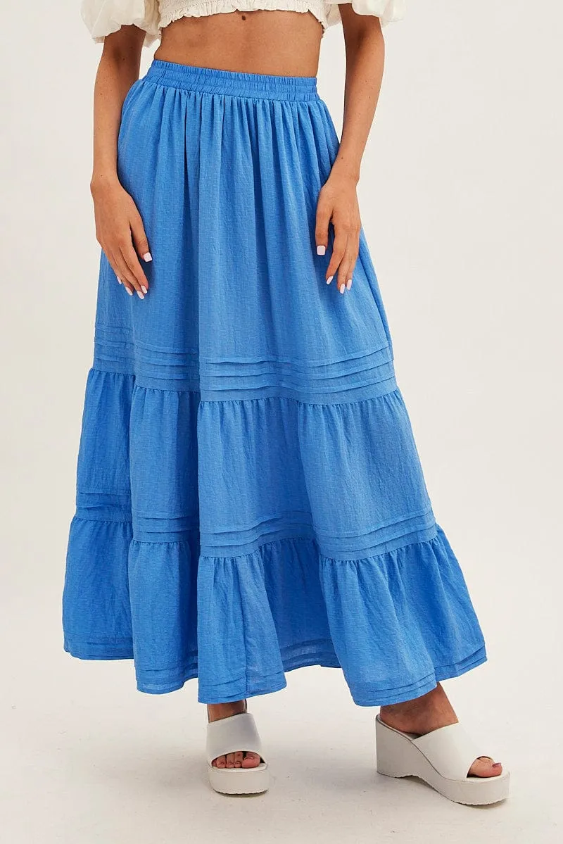 Blue Pleated Tiered Elastic Waist Maxi Skirt