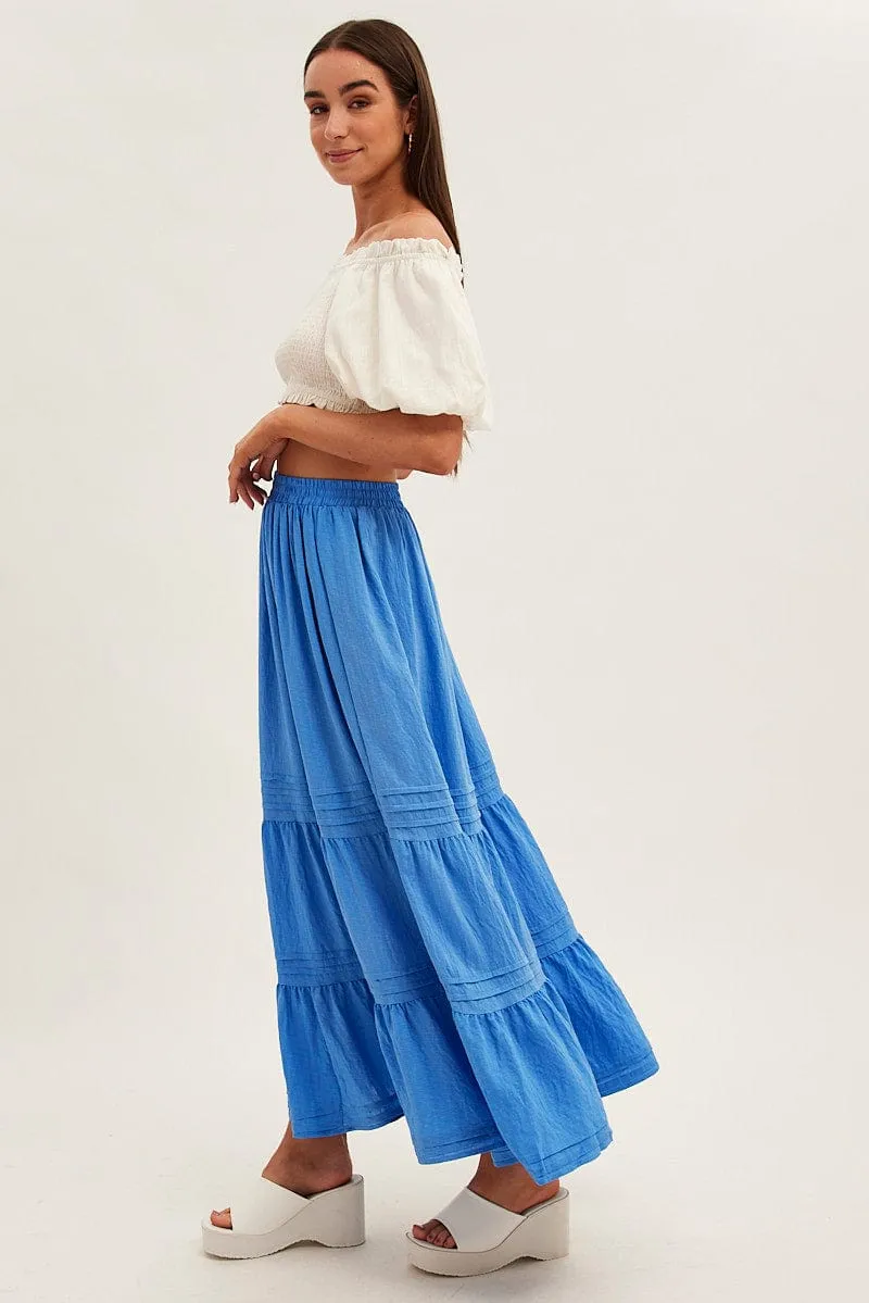 Blue Pleated Tiered Elastic Waist Maxi Skirt