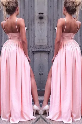 Blush Pink Prom Gown with Flirty Spaghetti Straps and Daring Leg Slit