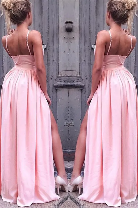 Blush Pink Prom Gown with Flirty Spaghetti Straps and Daring Leg Slit