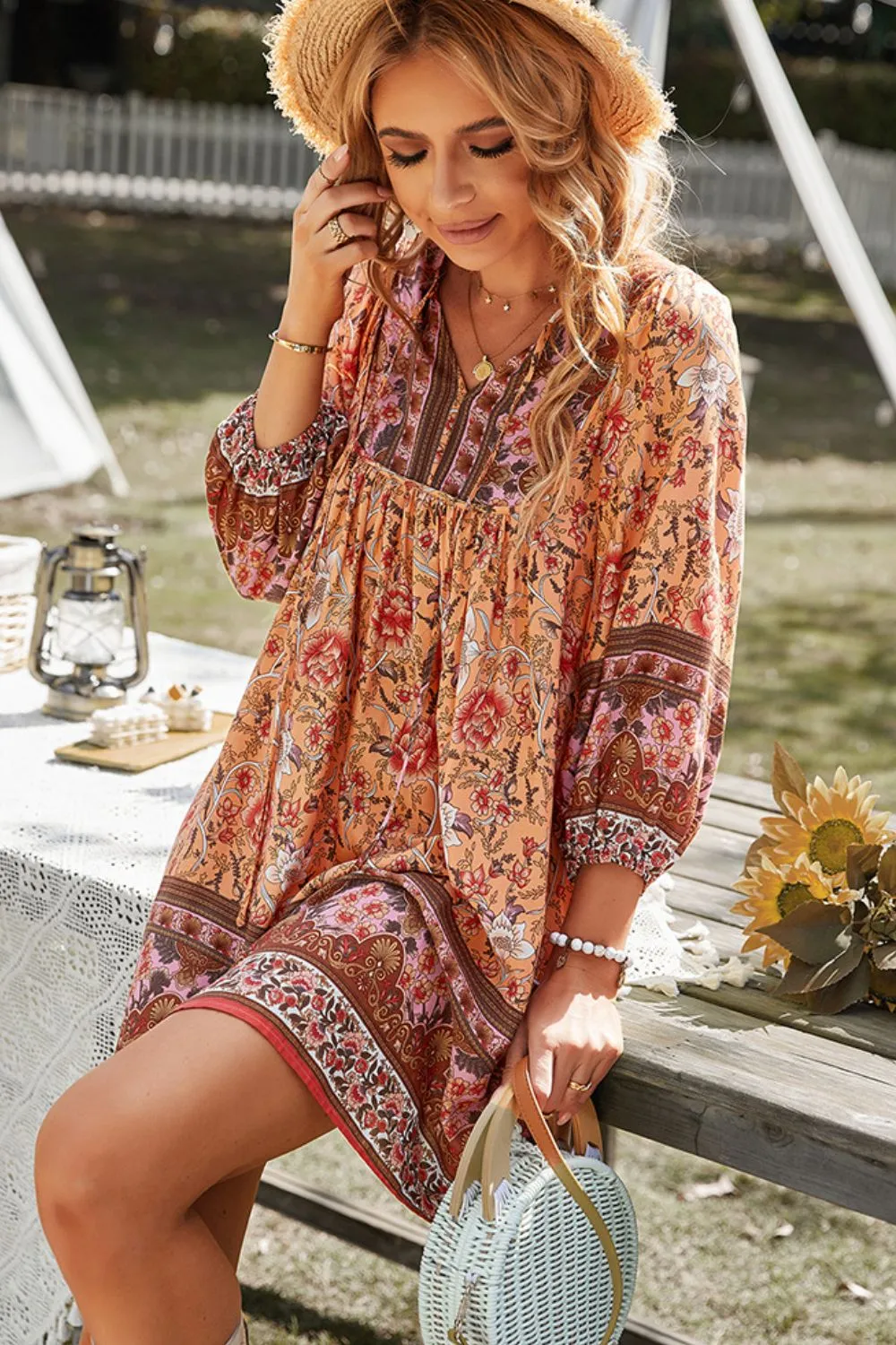 Bohemian Tie Neck Dress with Balloon Sleeves - Summer Beach Wedding Guest Fashion for Women