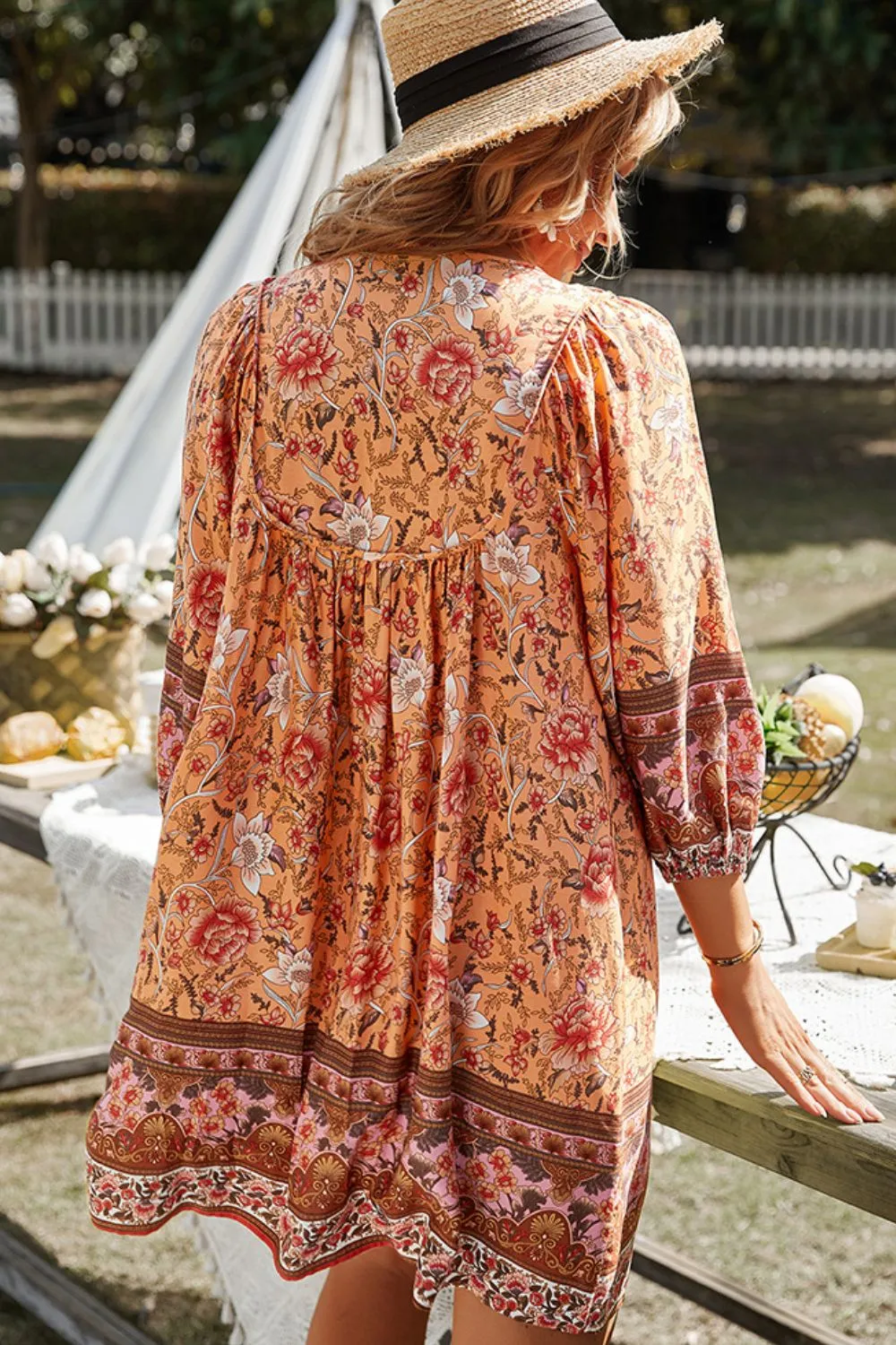 Bohemian Tie Neck Dress with Balloon Sleeves - Summer Beach Wedding Guest Fashion for Women