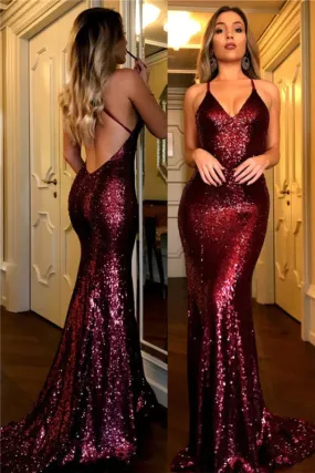 Burgundy Evening Dress with Sequins and Backless Design