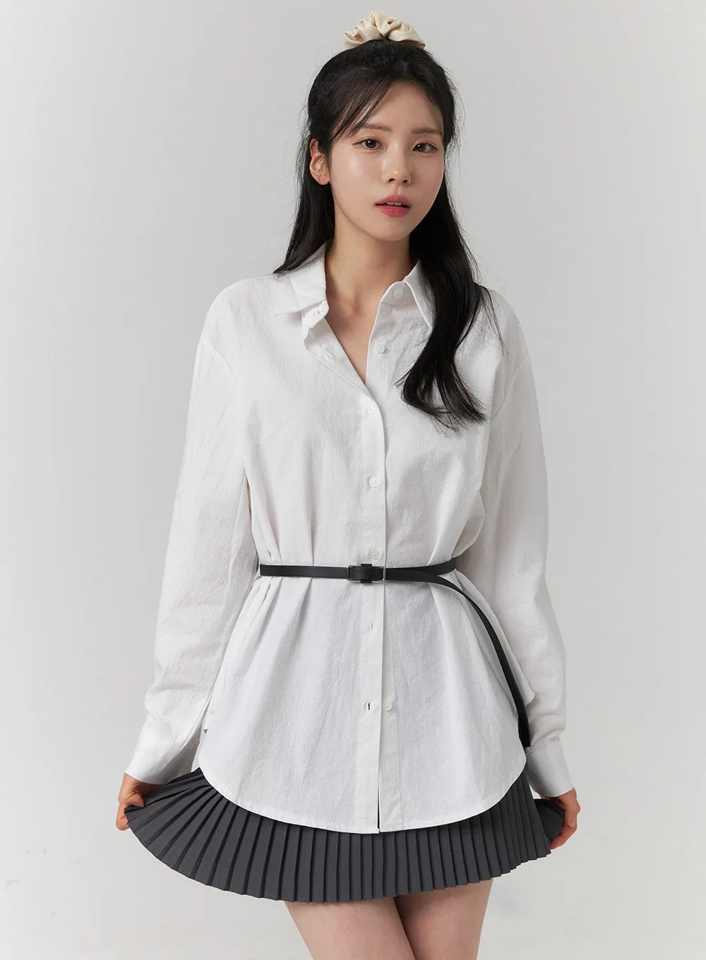 Button-Up Long Sleeve Solid Blouse OJ417