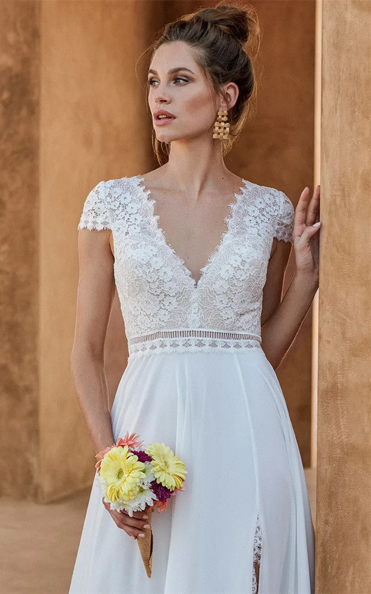 Casual A-Line Lace Chiffon V-neck Wedding Dress with Split Front-716468