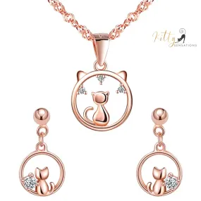 Center of Your World CZ Cat Jewelry Set in Solid 925 Sterling Silver (Rose Gold Plated)