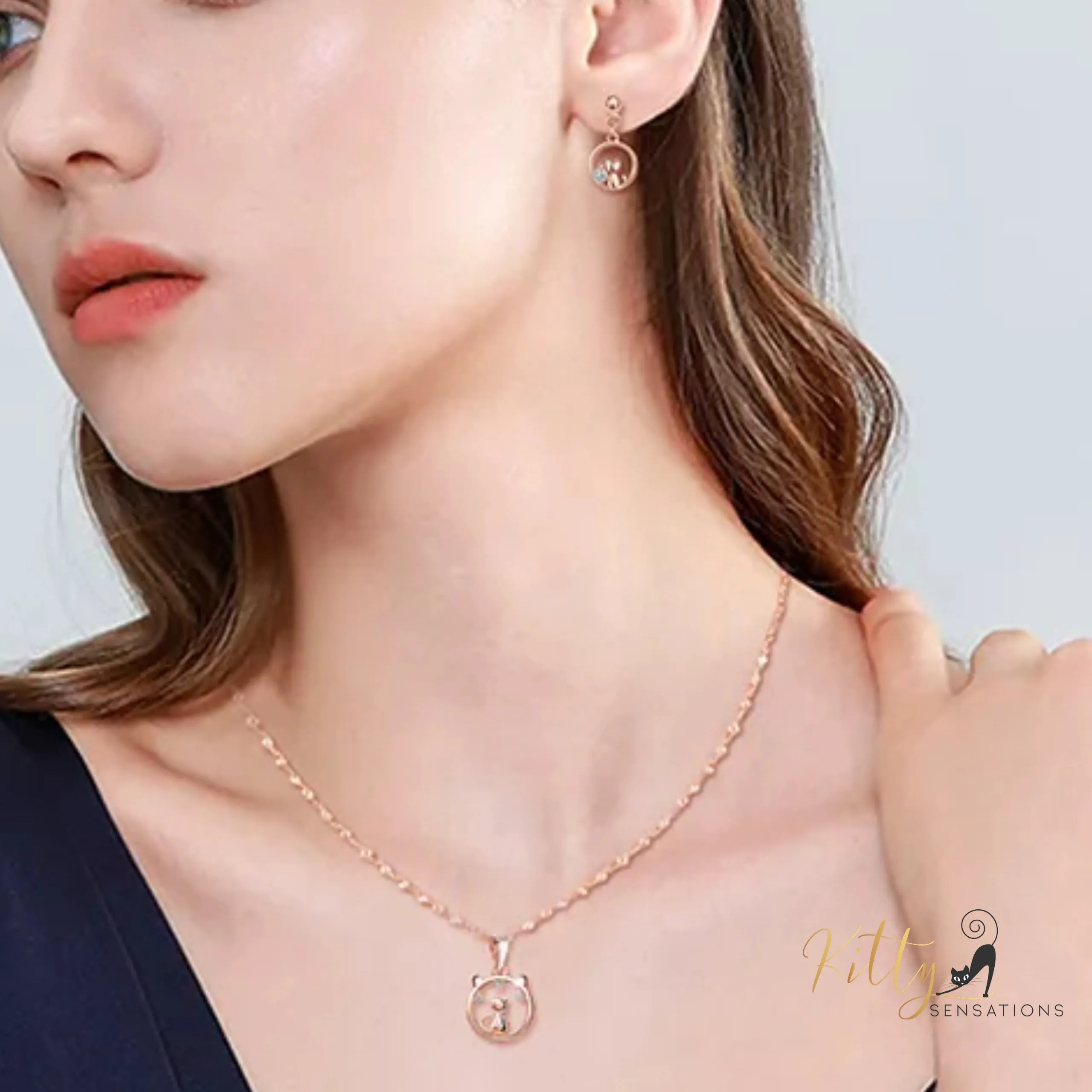 Center of Your World CZ Cat Jewelry Set in Solid 925 Sterling Silver (Rose Gold Plated)