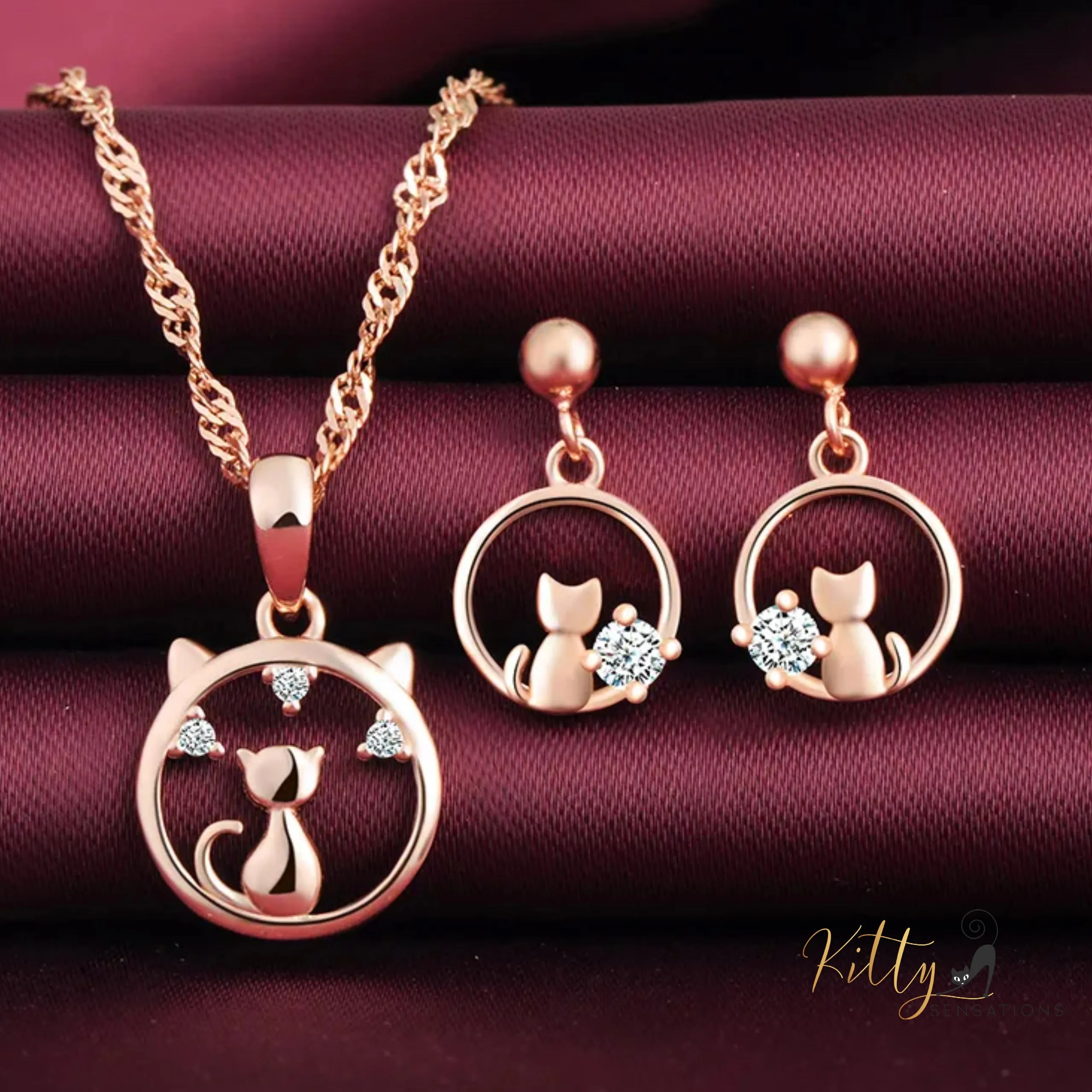 Center of Your World CZ Cat Jewelry Set in Solid 925 Sterling Silver (Rose Gold Plated)