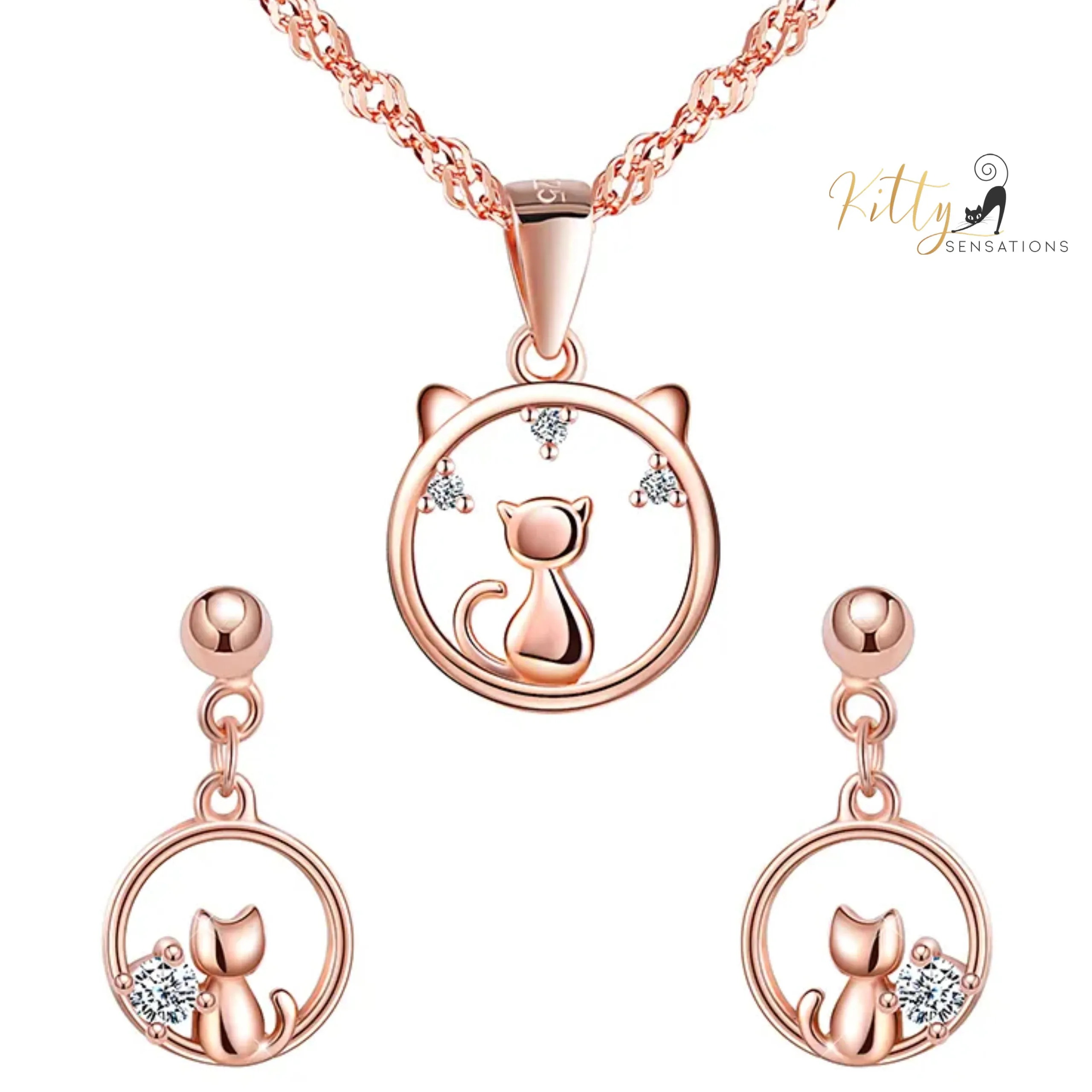 Center of Your World CZ Cat Jewelry Set in Solid 925 Sterling Silver (Rose Gold Plated)