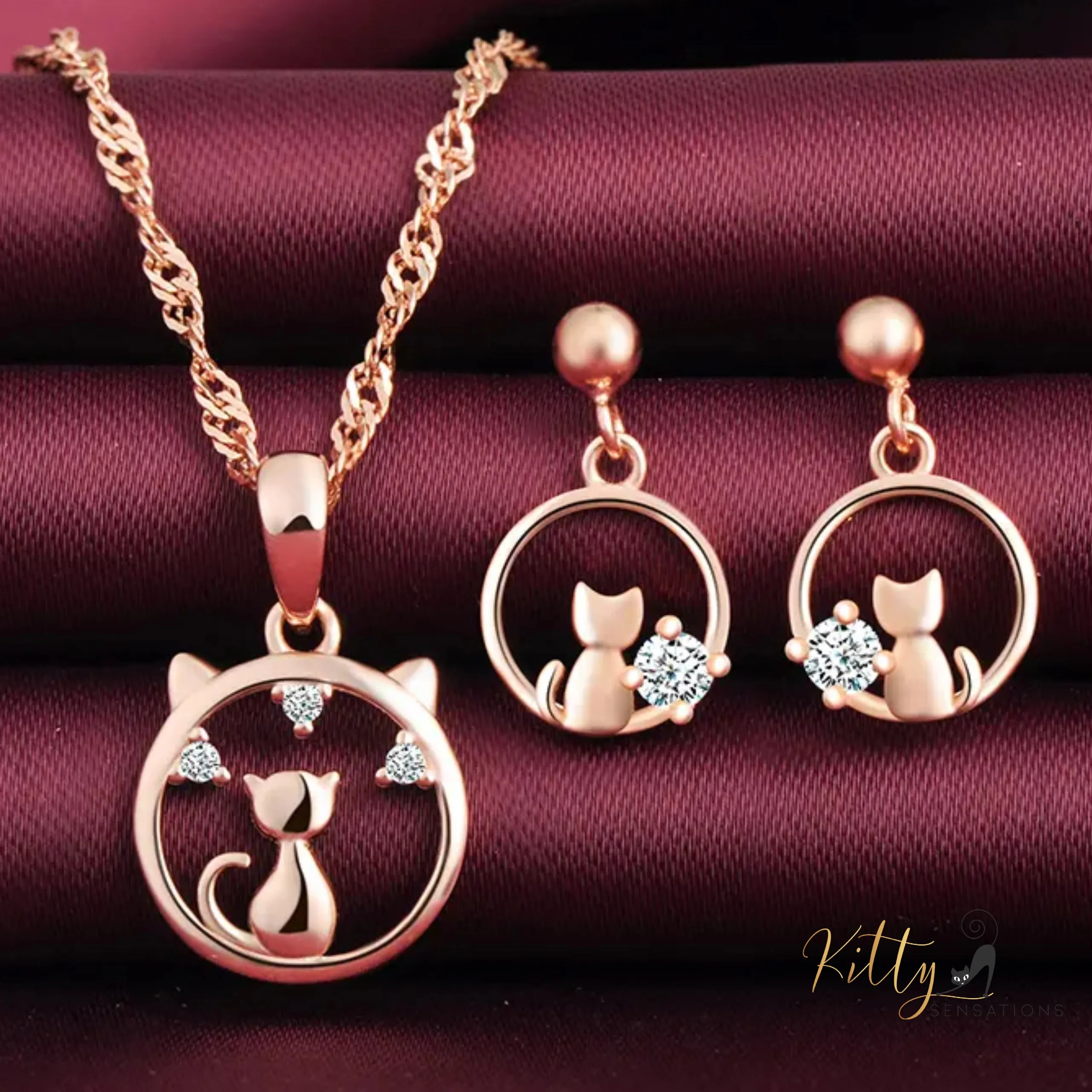 Center of Your World CZ Cat Jewelry Set in Solid 925 Sterling Silver (Rose Gold Plated)