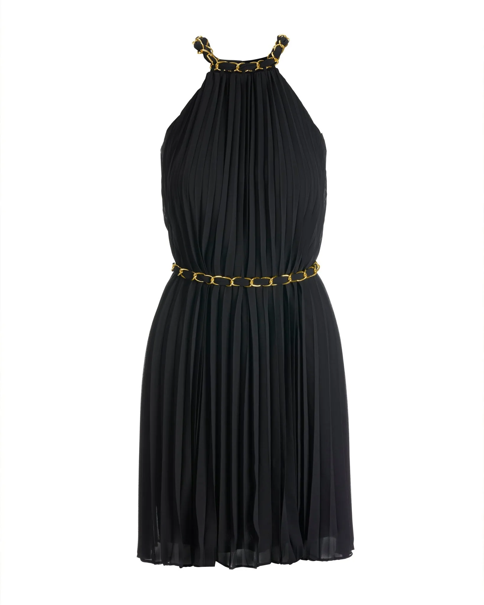 Chain Detail High neck Pleated Fit and Flare Dress Black