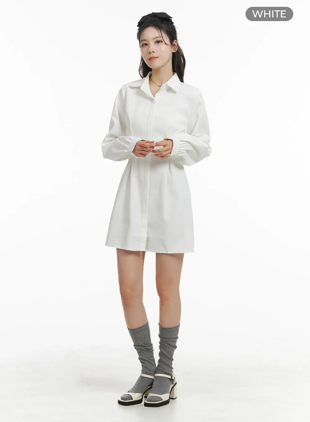 Collar Long Sleeve Ruched Button Mini Dress OM418