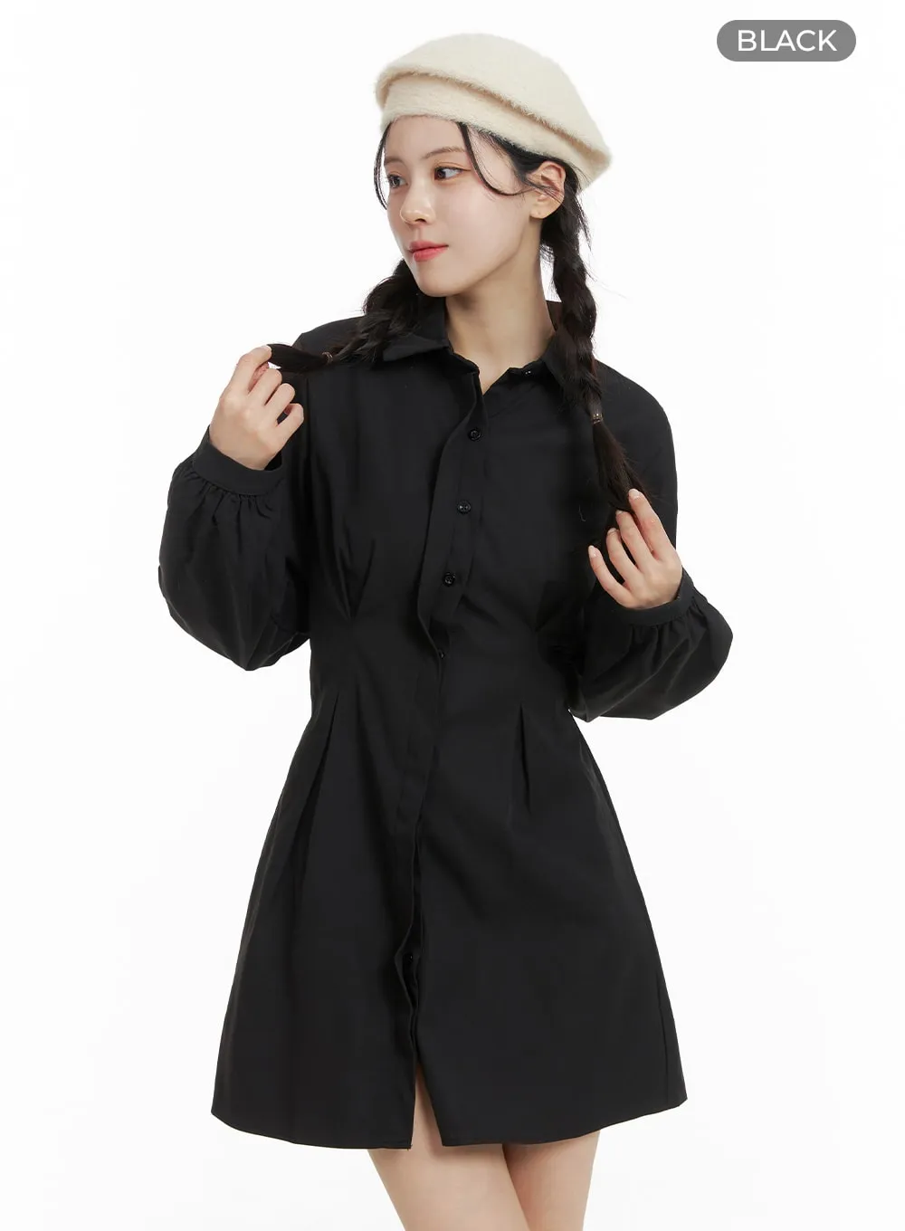 Collar Long Sleeve Ruched Button Mini Dress OM418