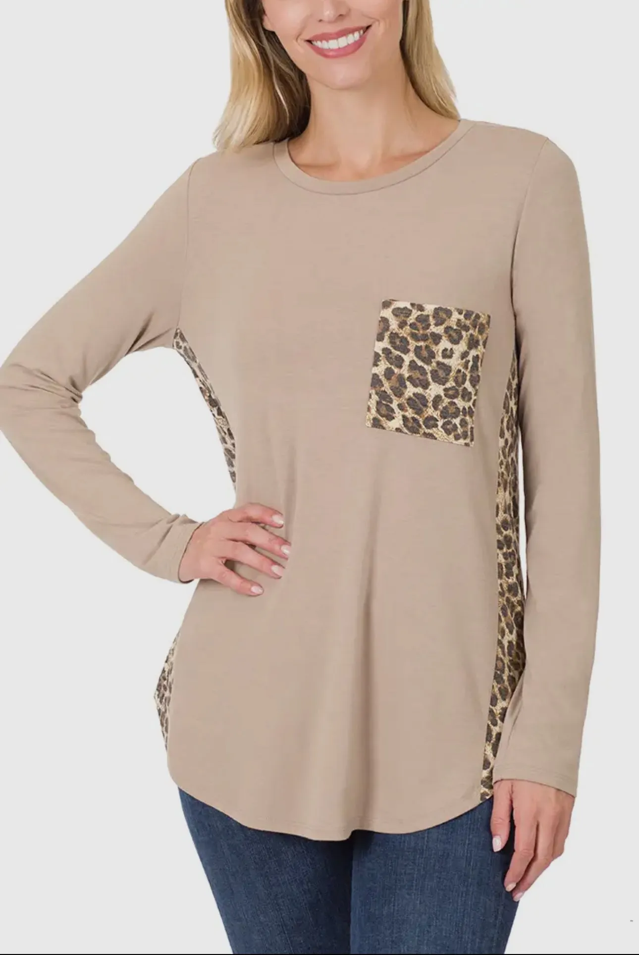 Contrast Side Panel Leopard Front Pocket Top