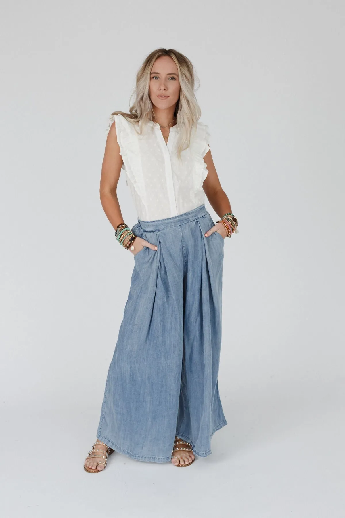 Daily Pleated Flowy Pants - Denim