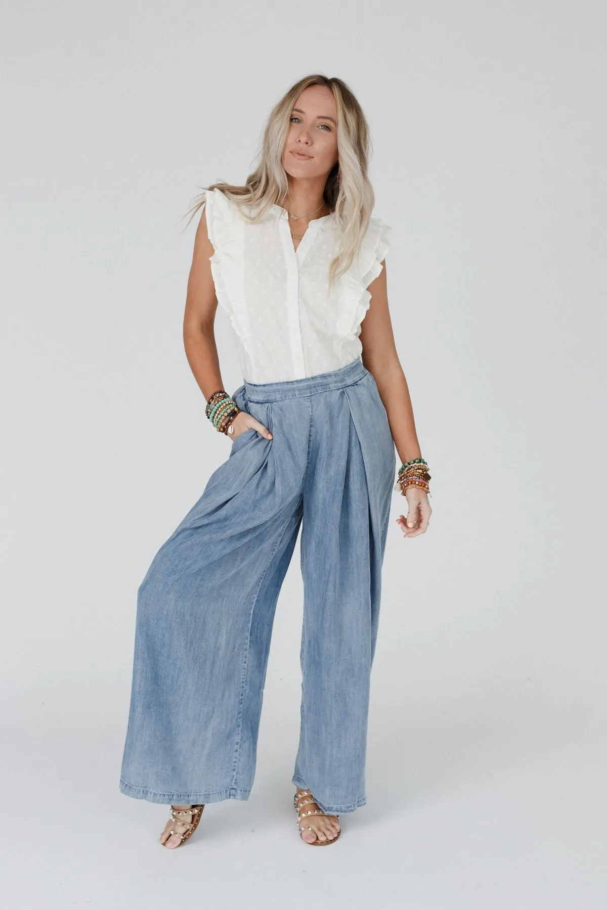 Daily Pleated Flowy Pants - Denim